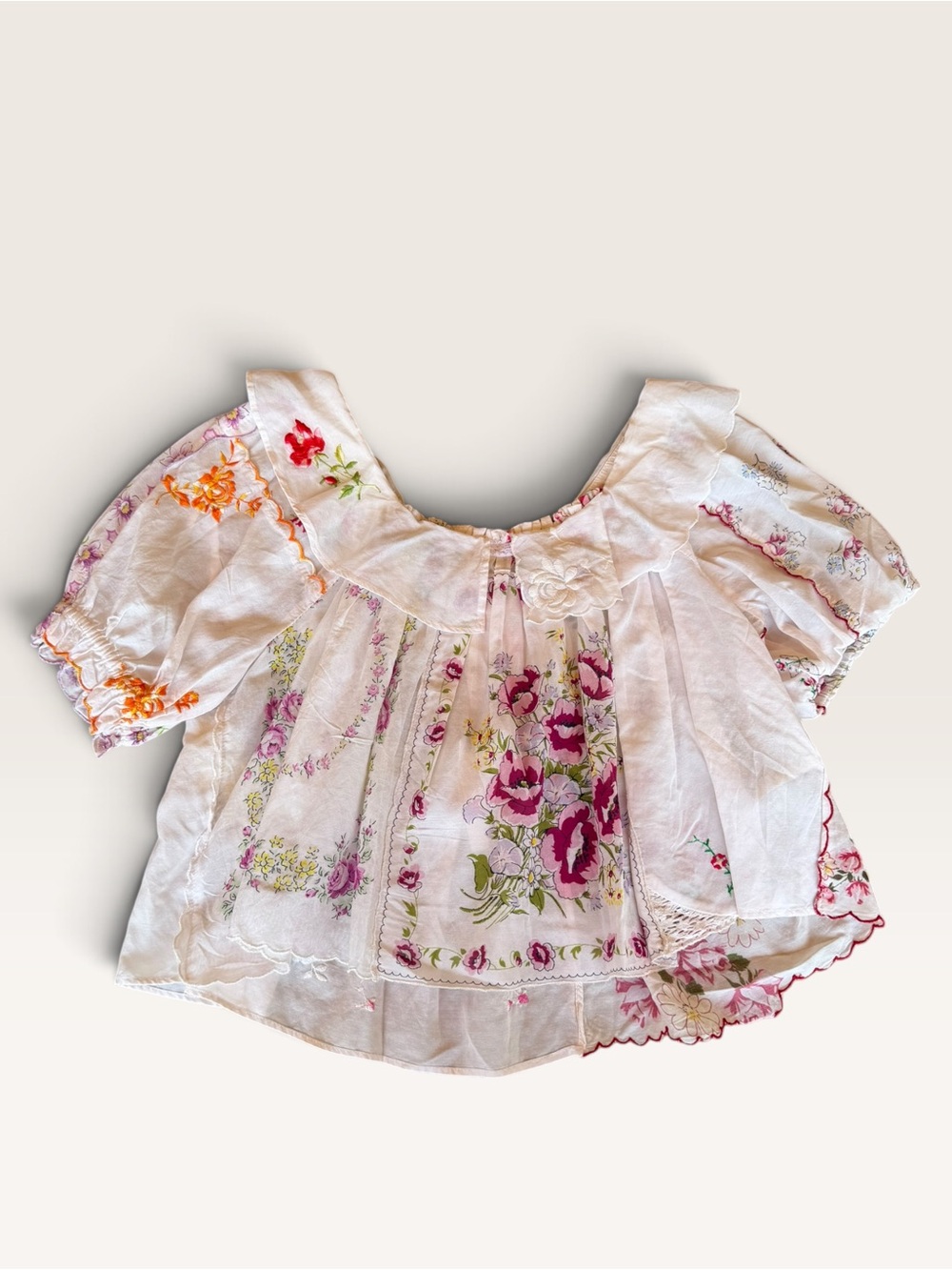 Anthropologie White Floral Puff Sleeve Blouse with Pink & Green Accents